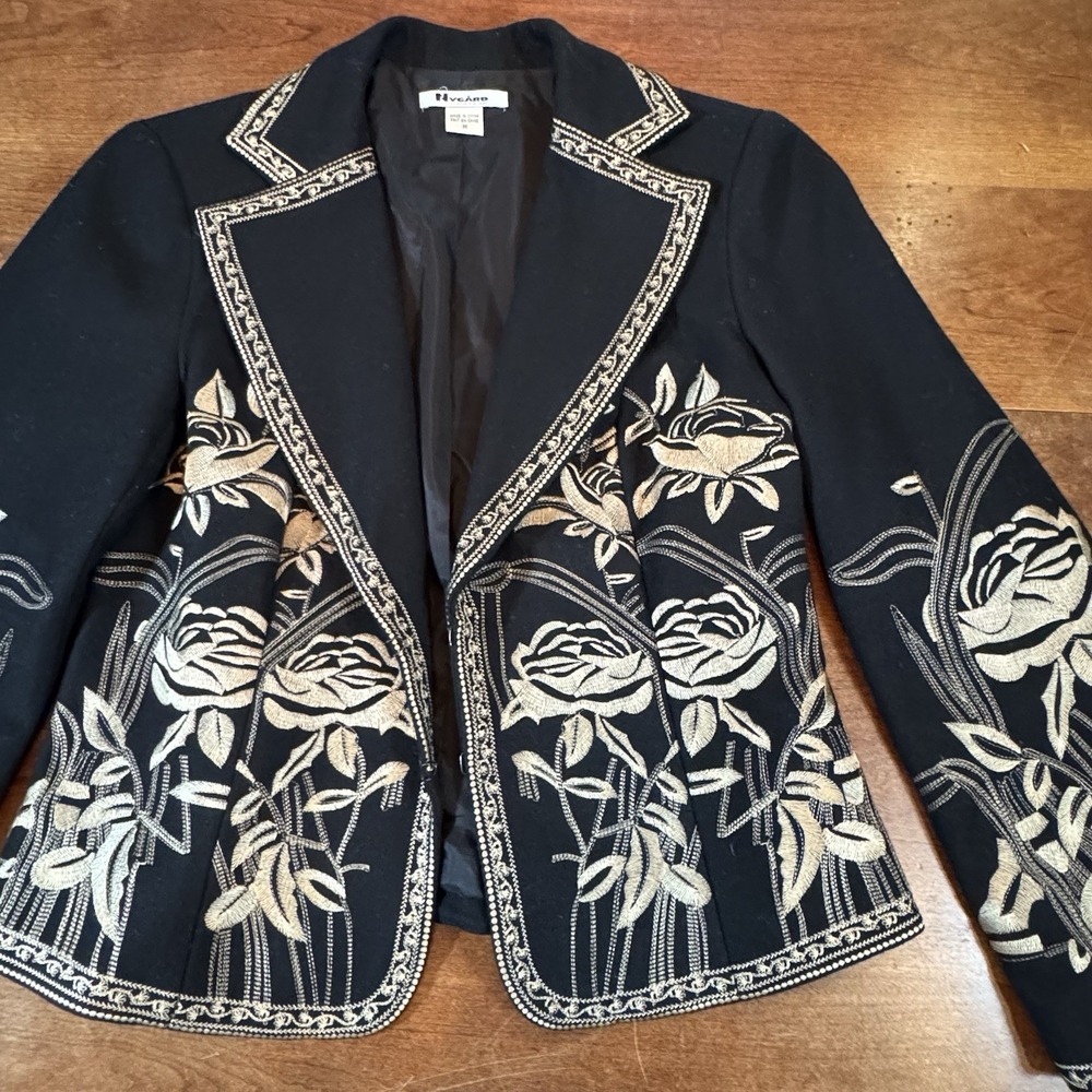 Nygard Blazer Women M Black Floral Embroidered Wool Blend Open Front Jacket